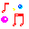Pixelated music note and circle icons in red, cyan, yellow, blue, pink arranged on gray background with visible animation changes.