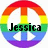 A circular rainbow-colored peace symbol icon with black text reading "Jessica Loves you. =}" in a pixelated font.