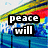 A pixelated image with a rainbow-colored roof and blue water background, displaying sequential text: 'peace will', then 'NEVER', then 'happen'.