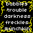 Static pixel art displays repeated text phrases in white on black background with yellow jagged border.