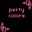 Pixelated pink text and geometric shapes on black background, with repeated 'perty colors' text and square-based icons in various orientations.