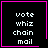Four identical black square with pink borders display white pixelated text reading vote whiz chain mail, with one containing a pink heart and another a pink star