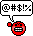Red pixelated face with white teeth and black eyes, each above a speech bubble containing unique symbol sequences on gray background.