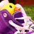 Purple and white cartoon duck head with yellow beak and black eye, positioned against green and brown background.