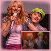 identical showing two women on stage, one holding a microphone, with a smaller inset image of the pair in the bottom-left corner of each