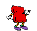 Red blocky character with purple shoes and white gloves performs various poses against gray background.