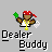 Pixel art character with red bandana, green leaf, gold chain, and white shirt, standing above 'Dealer Buddy' text on gray background.