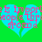 Pixelated blue heart shapes with pink text on a green background, repeating across the frame.