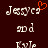 Pixelated text 'Jessey' with a red heart symbol above the 'y', 'and' below, and 'Kyle' at the bottom on a dark brown background.