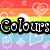 Six colored squares arranged in a , each containing the word 'Colours' in a pixelated font with black outlines and white fill