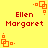 Yellow background with orange square patterns and red text reading "Ellen Margaret" in pixelated font.