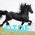 Pixelated black horse in mid-gallop pose with cyan text 'RIDE' below on light brown ground against white background.