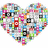Pixelated heart composed of small icons on white background, with four cyan text containing holiday and friendship messages