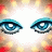 Pixelated close-up of a face with large blue eyes, white skin, and colorful blurred background; right side shows black with silver text 'AnimeIM' and 'c0m'