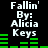 Pixelated text displays 'Fallin' By: Alicia Keys' with green audio equalizer bars on a black background, showing animation changes in bar heights across frames.