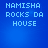 Blue background with pixelated text reading 'NAMISHA ROCKS DA HOUSE' in light blue, displayed in a of four identical