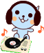 Pixelated blue cartoon character with brown headphones, orange cheeks, and a smiling mouth stands behind a turntable with musical notes.