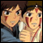 A 48x48 pixel buddy icon featuring two anime-style characters on the left and stylized text on a black background to the right, with visible pixelation and dithering effects.