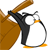 Pixelated static icon of a black penguin-like figure holding an orange stick, positioned next to a large brown curved shape with white and gray accents.
