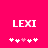 Bright pink background with white pixelated text "LEXI" and five small heart symbols below, where the third heart is light pink.