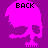Pixelated purple skull with pink hair and black 'BACK' text above, set against a solid purple background.