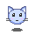 Pixelated blue cat face with pink cheeks, black eyes, and gray whiskers on a light gray background.