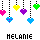 Pixel art of six hanging hearts in pink, yellow, purple, green, and blue with dotted black strings above a pixelated name below.