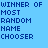 Blue background with dark blue text reading "WINNER OF MOST RANDOM NAME CHOOSER" and white pixelated scribbles in three variations.