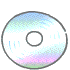 A circular disc with a gradient from light blue to pink, featuring concentric rings and a central hole. A green musical note appears on the top-right edge in some frames while red footprints appear on the right side.