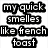 Text-based image with black and white pixelated lettering on the left, adjacent to a close-up of golden-brown toast topped with butter and syrup.