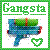 Green pixelated text 'Gangsta' above a blue and green pixel-art gun with red accents, a small heart symbol, and scattered colored pixels on white background.
