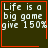 Dark green background with white pixelated text reading "Life is a big game give 150%" and orange border; one frame shows red heart, another shows red starburst symbol.