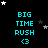 Pixelated cyan text "BIG TIME RUSH <3" on black background with scattered white and gray stars, arranged in a pattern with one missing