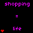 Pixelated icon with purple 'shopping' text above and below a central of red hearts and pink 'life' text on black background