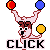 Pixel art of a dog performing handstands with juggling balls, displaying two distinct states: one with 'CLICK' text and another without.