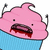 Pixelated pink character with black antennae, blue lower body, and open mouth showing red interior against white background.