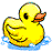 Pixelated yellow rubber duck with orange beak, black eye, and blue water splashes beneath it on a white background.