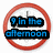 A circular red border encloses blue text reading '9 in the afternoon' on a white background, with yellow text reading 'ur eyes the size of the moon' on a brown background.