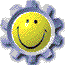Three identical pixelated yellow smiley face icons with blue gear-like borders arranged in a 2x2 contact sheet layout, each showing the same static expression and design.