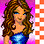 Pixelated cartoon-style icon of a woman with long curly brown hair wearing a blue dress against a pink and orange checkered background.