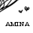 Pixelated black-and-white image showing two heart shapes and the text 'AMINA' in blocky font with partial pixel loss.