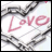 Animated contact sheet of a 4x4 grid showing sequential frames from an AIM buddy icon featuring heart-shaped tiles with pink 'Love' text and small floating hearts.