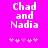 Pixelated text 'Chad and Nadia' on bright pink background with five light pink heart symbols below.