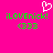 A bright pink background displays two identical green pixelated text phrases with a white heart symbol above the left phrase.