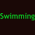 Animated contact sheet showing three rows of repeating "Swimming" text in green and blue on a dark background, with frame-to-frame color shifts in the lettering.