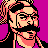 Pixelated 48x48 static icon of a person with dark hair, glasses, and beard against purple background, rendered in pink/orange/black palette.