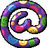 Three animated frames of a colorful @ symbol icon with smiling faces on polka dots, displayed in a contact sheet layout against a gray background.