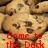 chocolate chip cookies with red text reading "Come to the Dark We Got Cookies!!" in four sections