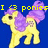 Pixelated yellow pony with purple mane and tail stands against solid blue background, text above reads 'I <3 ponies' in bright yellow block letters.