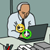Pixelated image of a person in a white lab coat holding a yellow circular object and a green circular object near a dark laptop.